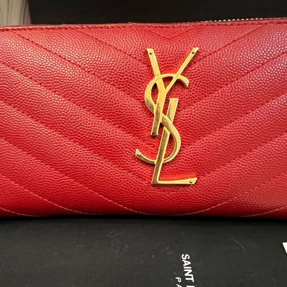 YSL Red Leather Zip Around Long Wallet Authentic - Picture 3 of 16